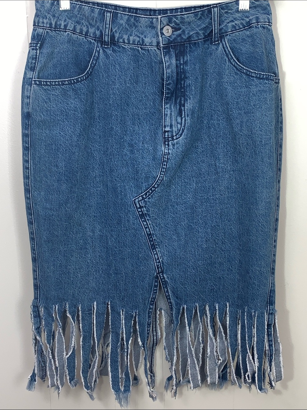 Frayed Hem Blue Denim Midi Skirt